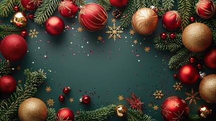 Golden Christmas Banner with Tree Balls, Tinsel, and Snowflakes on Green Background - Website Header Template