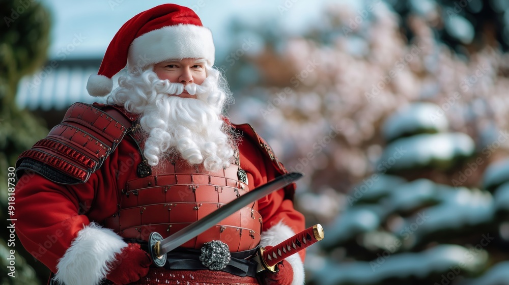 Santa Claus dressed in traditional samurai armor, holding a katana, in ...