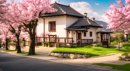 Canvas Print - Spring scenery with lakes mountains and cherry blossom tree Seamless looping time lapse video animation background 4k animation