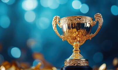 Wall Mural - golden trophy award bokeh soft blue background