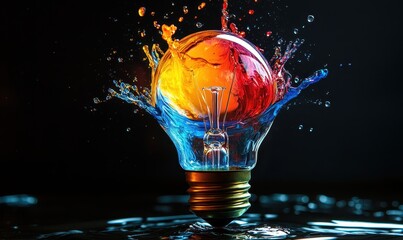 Wall Mural - lightbulb idea concept with colorful liquid of splashing unique creative idea on black background