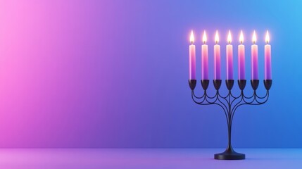 Poster - Stunning menorah with modern design, all candles burning brightly, set against a gradient background moving from dark purple to light blue, creating a calming effect 