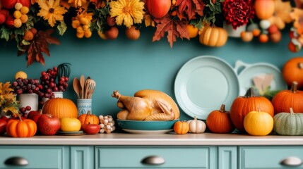 Canvas Print - Top view of a 1950s-inspired Thanksgiving kitchen with vintage appliances, fall decorations, and a turkey ready to be roasted 