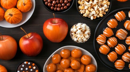 Sticker - Top view of a retro Halloween party spread with classic treats like caramel apples, popcorn balls, and vintage decorations, on a wooden table 