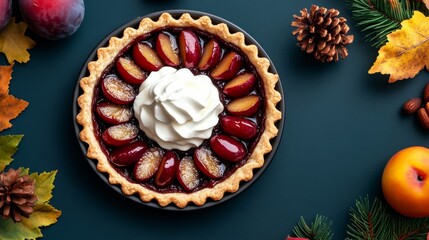 Sticker - Top view of a spiced plum and almond tart, served with a dollop of whipped cream and autumnal decorations 