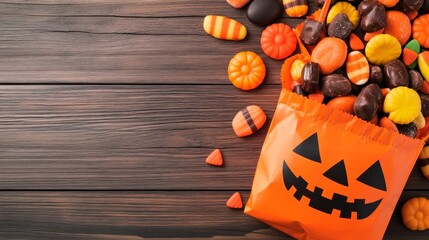 Poster - Top view of a trick-or-treat bag spilling over with candies and chocolates, surrounded by Halloween decorations on a wooden floor 