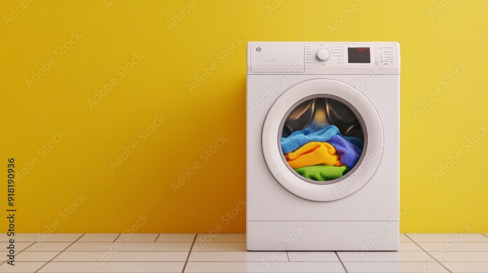 Top view of a washing machine with an open door, showing a colorful ...