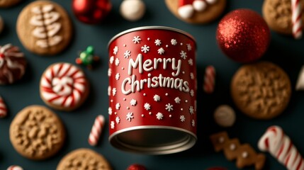 Wall Mural - Top view of a vintage Christmas cookie tin with the words Merry Christmas embossed on the lid, surrounded by holiday treats and decorations 