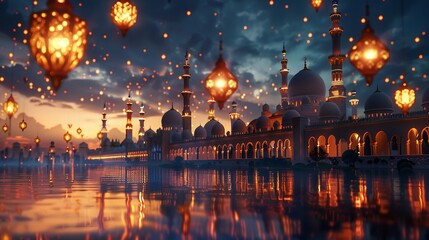 Original traditional ornate oriental lantern with beautiful bokeh of holiday lights and mosque in background. Generative Ai