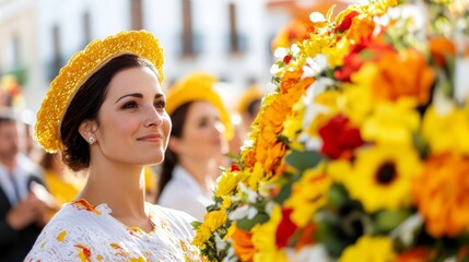 Wall Mural - Traditional Spanish festival with people in regional costumes, carrying a large floral offering, festive decorations, lively atmosphere 