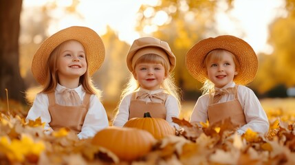 Wall Mural - Victorian children playing in a garden filled with fallen leaves and pumpkins, joyful expressions, golden autumn light, medium shot 