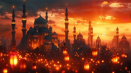 Wall Mural - Original traditional ornate oriental lantern with beautiful bokeh of holiday lights and mosque in background. Generative Ai