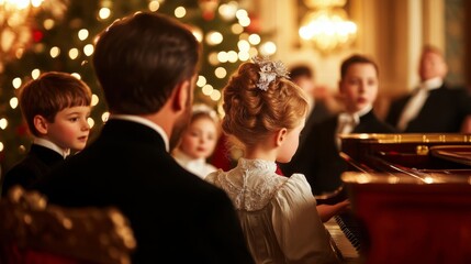 Sticker - Victorian family gathered around a piano singing Auld Lang Syne, warmly lit room with festive decorations, medium shot 