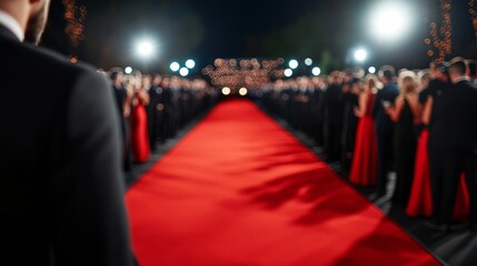 Wide angle of a red carpet event, celebrities posing for photos, paparazzi flashing cameras, elegant backdrop with event branding 