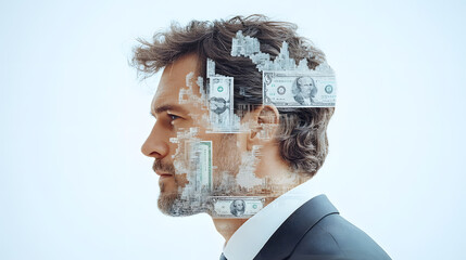 Wall Mural - Urban investment and business-themed portrait of a man in double exposure with cityscape, banknotes, and coins,  the synergy between financial success, corporate growth, and economic prosperity.