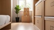 © fotogurme - Wide angle shot of a dorm room with labeled boxes and secure storage solutions, emphasizing organized and insured space