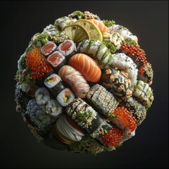 Wall Mural - Creative sushi sphere with various rolls and nigiri, floating against a dark background. Vibrant colors and intricate details make this image perfect for culinary blogs, menus, and food art. AI