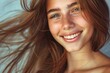 © Crestiva Creative - Beautiful Blonde Woman with Freckles Smiling and Windblown Hair