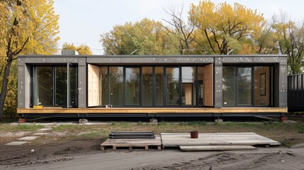 Fototapete - Write a comparative analysis of traditional versus modular construction methods. How do prefabricated components streamline building processes and reduce construction timelines?