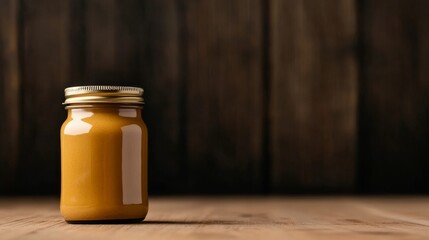 Canvas Print - Wide angle shot of a peanut butter jar with a rustic kitchen background, showcasing a homemade feel, with empty space for text 