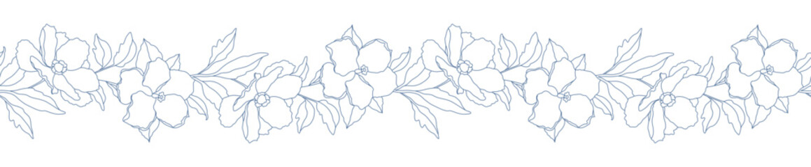 Wall Mural - floral seamless border with branches, flowers and leaves. hand drawn botanical pattern in line art s