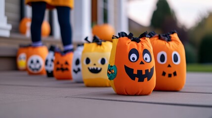 Sticker - Wide angle shot of a porch with multiple trick-or-treat bags lined up, each one decorated with different Halloween themes, creating a festive atmosphere 