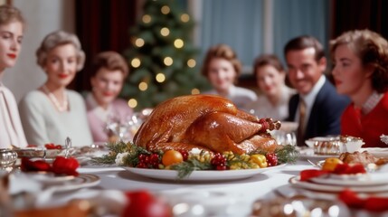 Wall Mural - Wide angle shot of a retro Thanksgiving dinner table with a roasted turkey, vintage dishes, and classic decorations, surrounded by family members in 1990s attire 