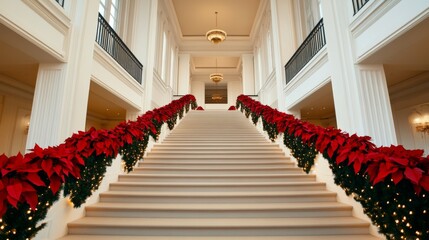 Sticker - wide-angle view of a hotel's grand staircase adorned with garlands, lights, and poinsettias, elegant holiday decor 