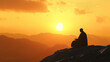 © AK528 - Mountain, the silhouette of a monk in deep contemplation merges with the sunset, embodying spiritual harmony and meditation in the serene landscape of nature. mountain, contemplation, meditation.