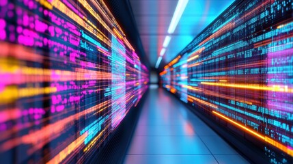 Fototapete - Vivid colors create the illusion of flowing data through a modern digital corridor