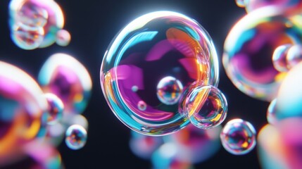 Poster - Bubbles of various sizes shimmer in vibrant colors against a dark backdrop, creating a captivating visual experience