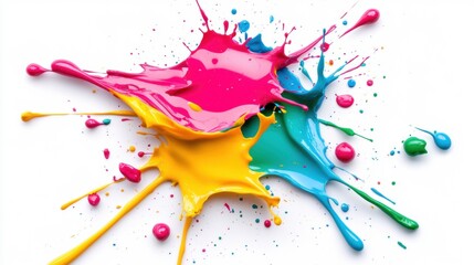 Poster - Colorful paint splashes dynamically burst across a bright white background