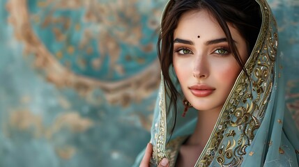 Beautiful Woman with Green Eyes Looking