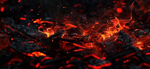 Wall Mural - Close up of burning embers with red hot flames and sparks. Abstract background for design.