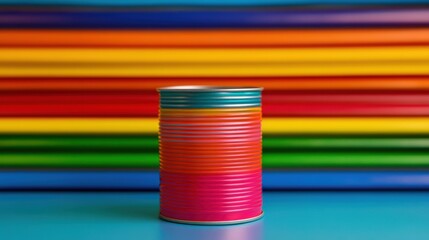 Poster - A tin can adorned with bright colors is displayed against a backdrop of colorful layered paper sheets