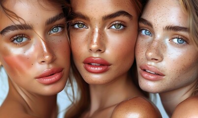 Wall Mural - Close Up Portrait of Three Female Models with Freckles and Perfect Skin