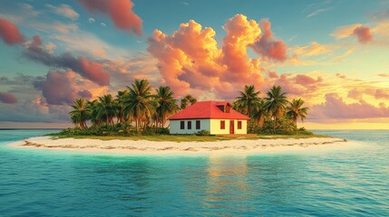 Poster - Serene Island Paradise with Palm Trees and Sunset