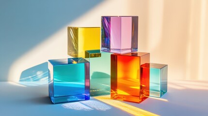 Poster - Transparent geometric shapes reflect light, creating vibrant colors in a serene setting