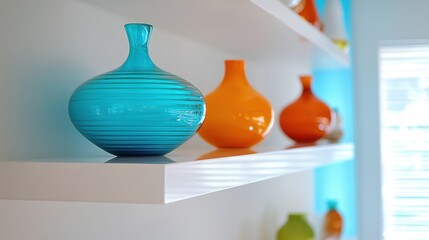 Poster - Brightly colored glass vases are displayed on white shelves, creating a cheerful atmosphere in the room
