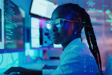 Wall Mural - side profile of a black school student studying IT at computer learning digital code online software ai cyber security threats Artificial intelligence cyberspace data coding ethical hacking education	