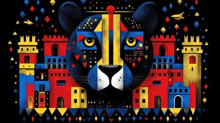 Poster - Colorful Lion Portrait Over Abstract Castle Landscape