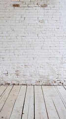 Poster - An empty white brick wall stands against a clean, polished wooden floor in a minimal space
