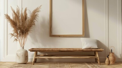 Sticker - Chic home decor still life: dry reed vase, wooden bench, blank frame, wall trim.