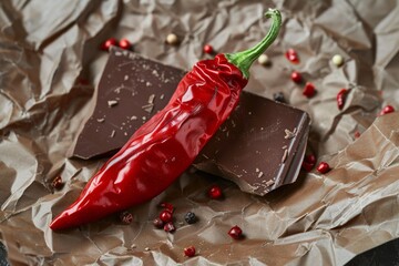 Poster - Indulge in a unique, fiery and scrumptious spicy and sweet treat with a fusion of dark chocolate, red chili pepper, and peppercorns, creating a bold and unconventional culinary pairing