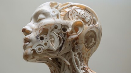 Poster - abstract sculpture of a head and neck in profile with the skin made of complex patterns incorporating gears and mechanical elements