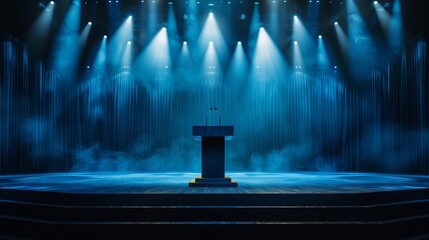 Poster - empty stage featuring a podium with microphones focused spotlights