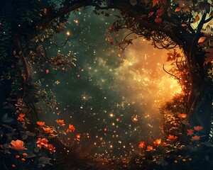 Wall Mural - enchanting fantasy themed frame with glowing magical elements and woodland backdrop
