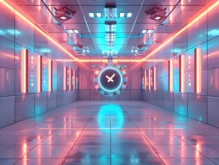 Poster - futuristic digital clock with holographic numbers in a high tech minimalist room