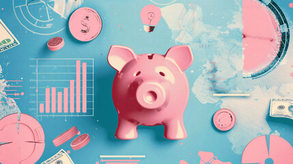 Piggy bank with money and charts on blue background. Generative Ai