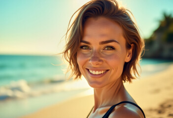 A portrait headshot photo of a gorgeous person posing with a cocktail glass drink, on a tropical resort beach, hotel resort commercial, ocean background